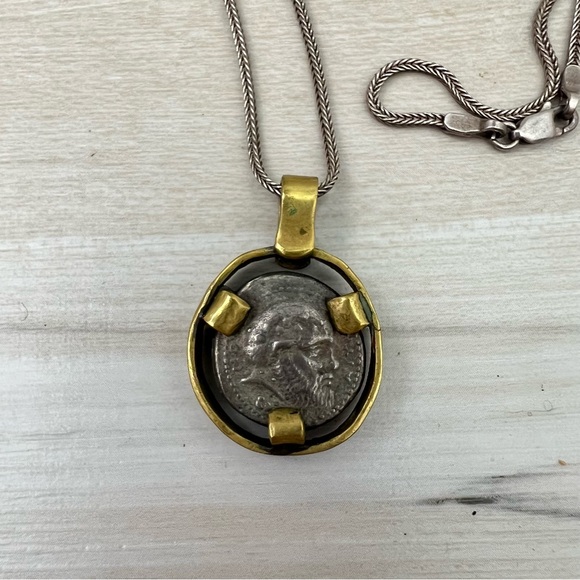 Greek Silver Coin Pendant Necklace .925 Sterling Silver Chain - Picture 3 of 6